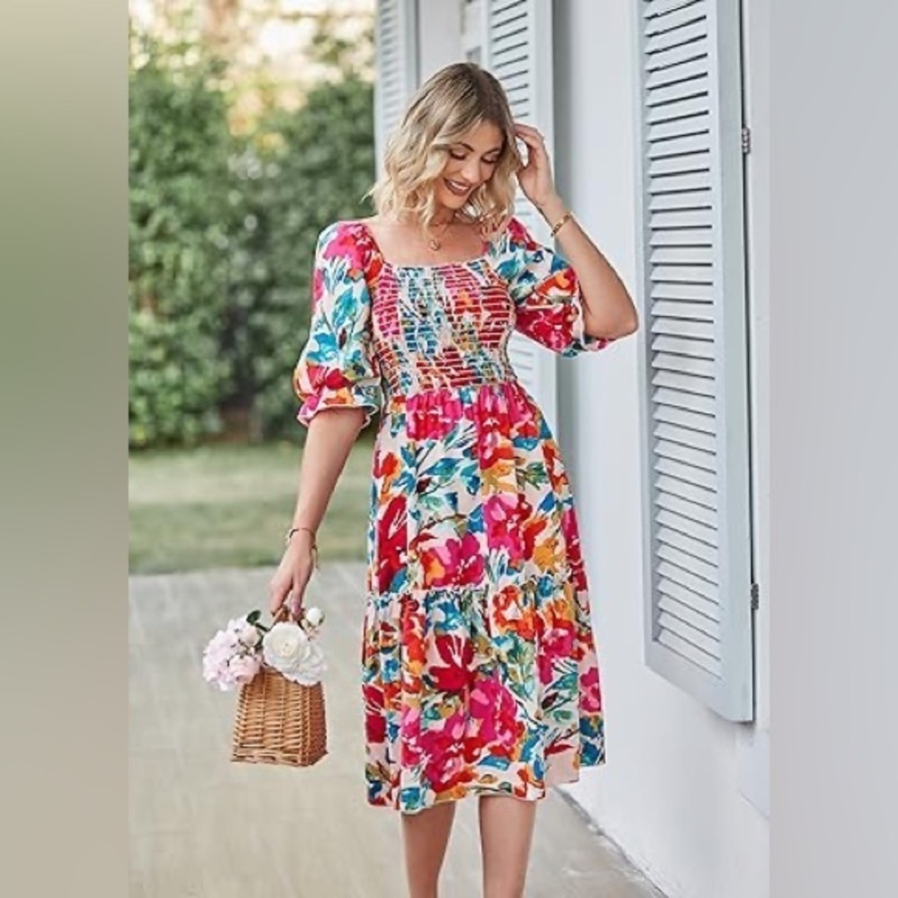 NWT Boho Floral Print Puff Sleeve Smocked Dress Square Neck Hight Waist A Line